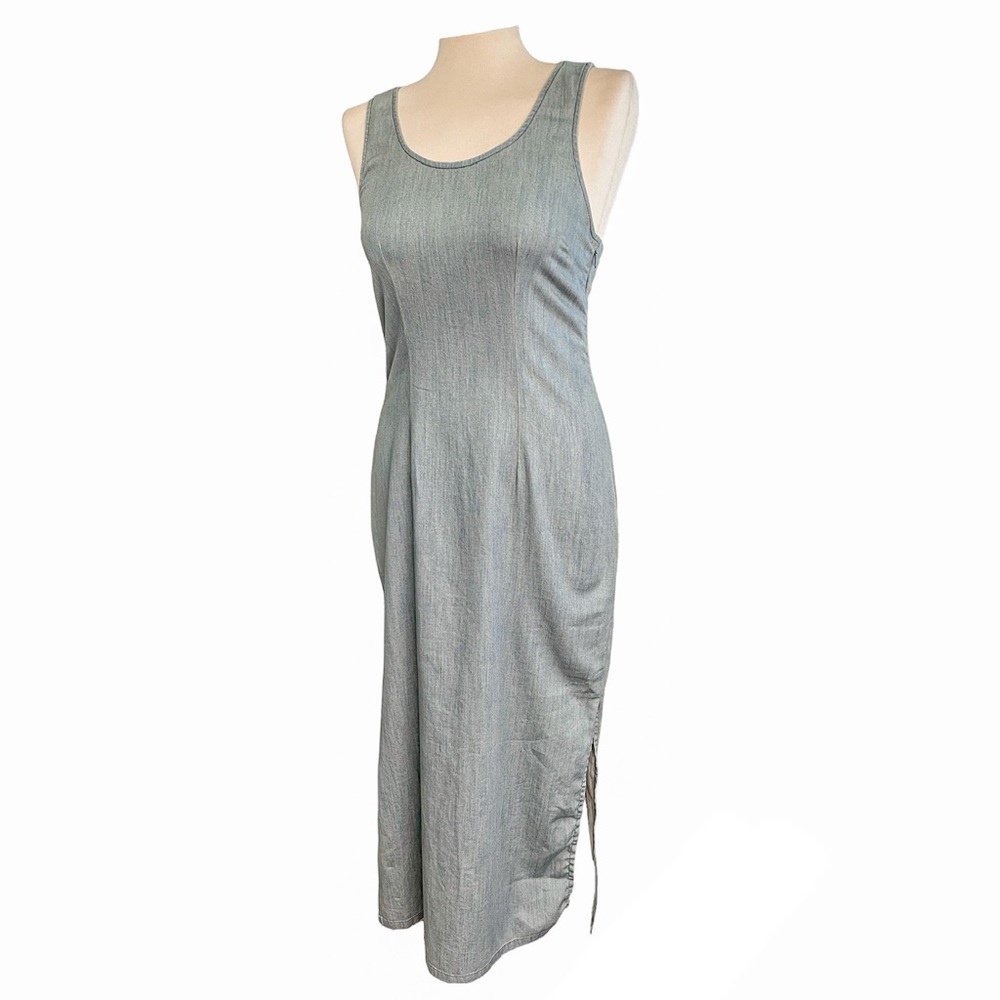 BCBGENERATION denim blue cotton cutout back side slit maxi dress says size 8.
